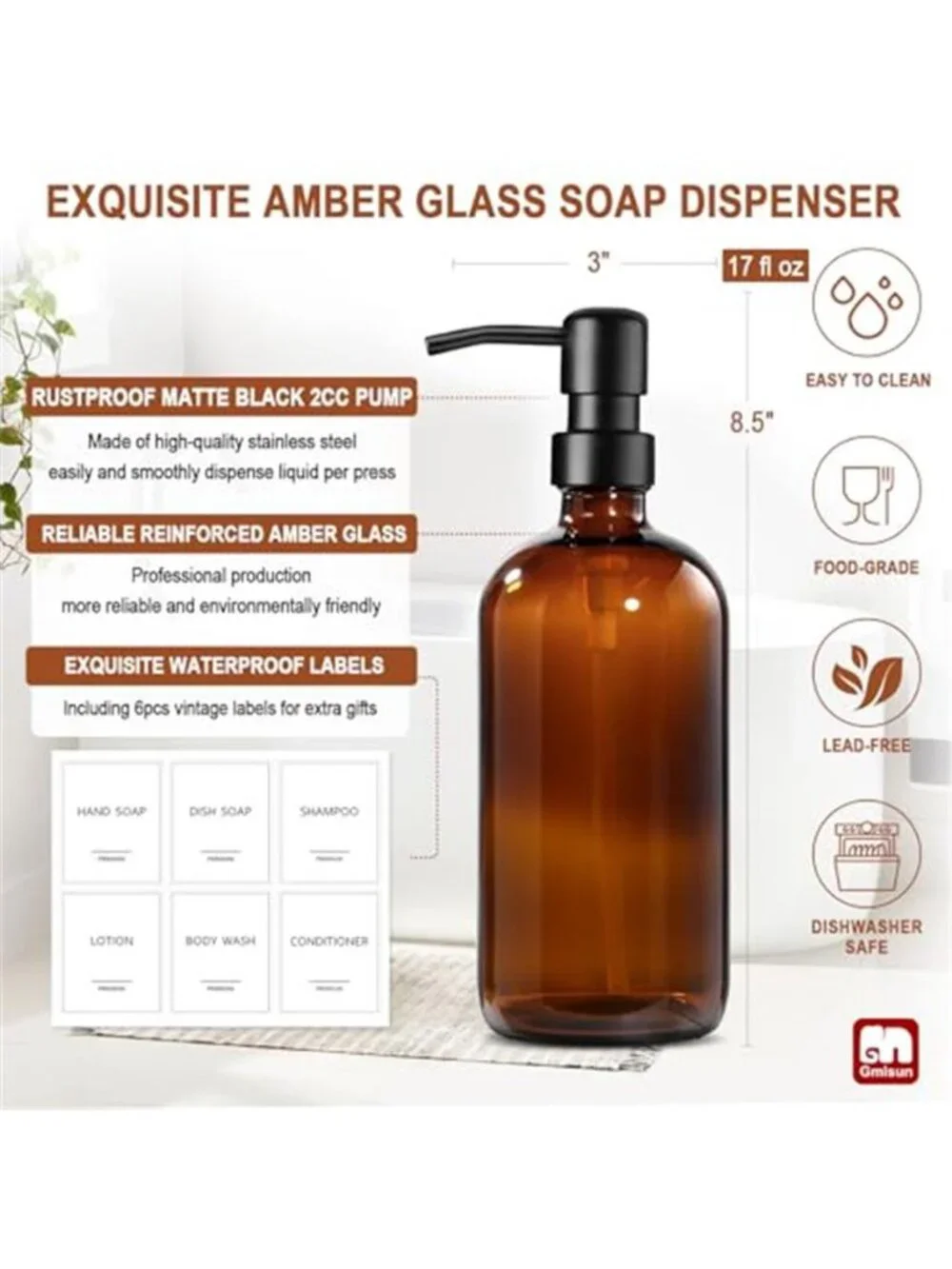 Amber Glass Soap Dispenser, 2 Pack Bathroom Hand Soap Dispensers